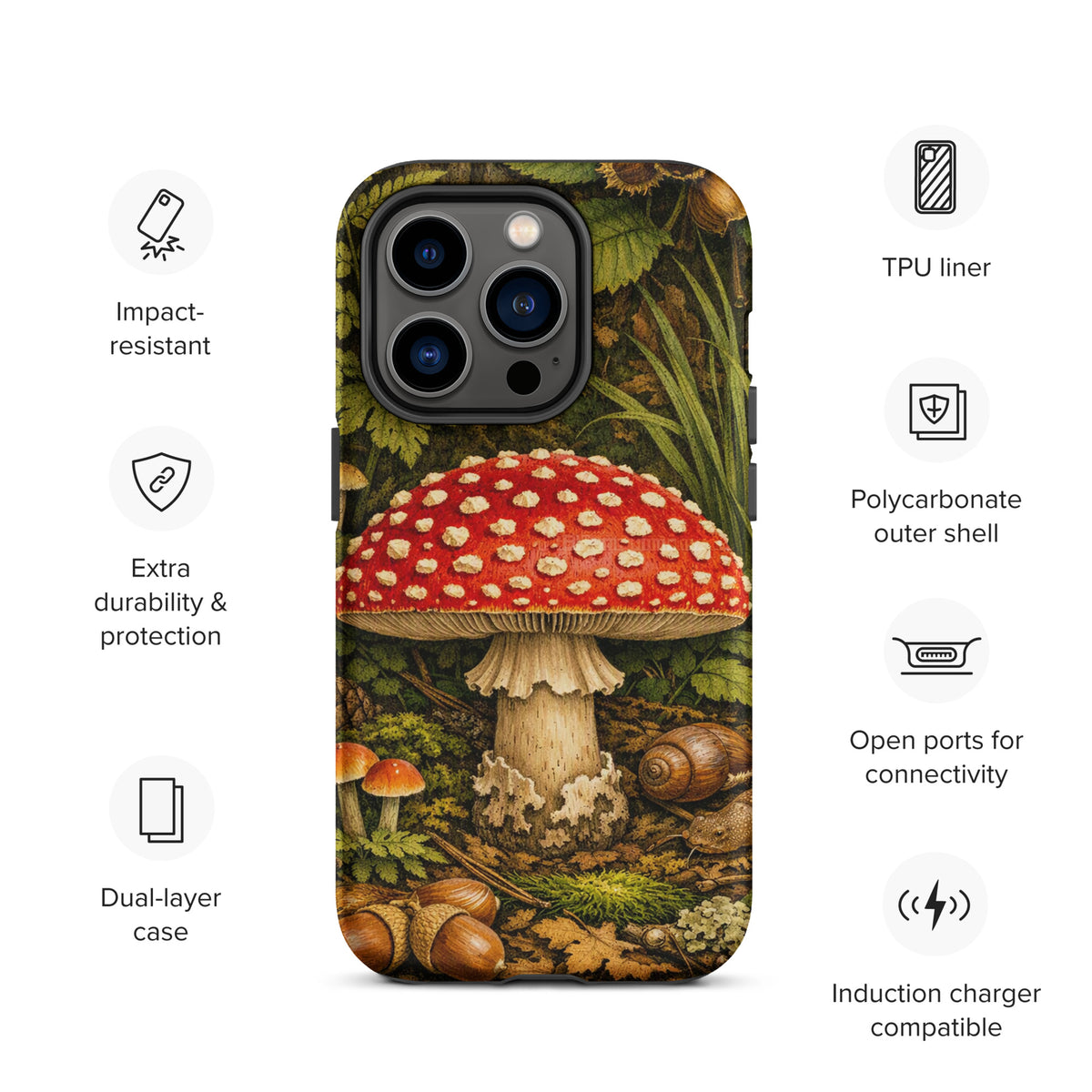 Phone Case featuring illustrated Amanita muscaria mushroom with forest background, TPU liner, and polycarbonate shell.