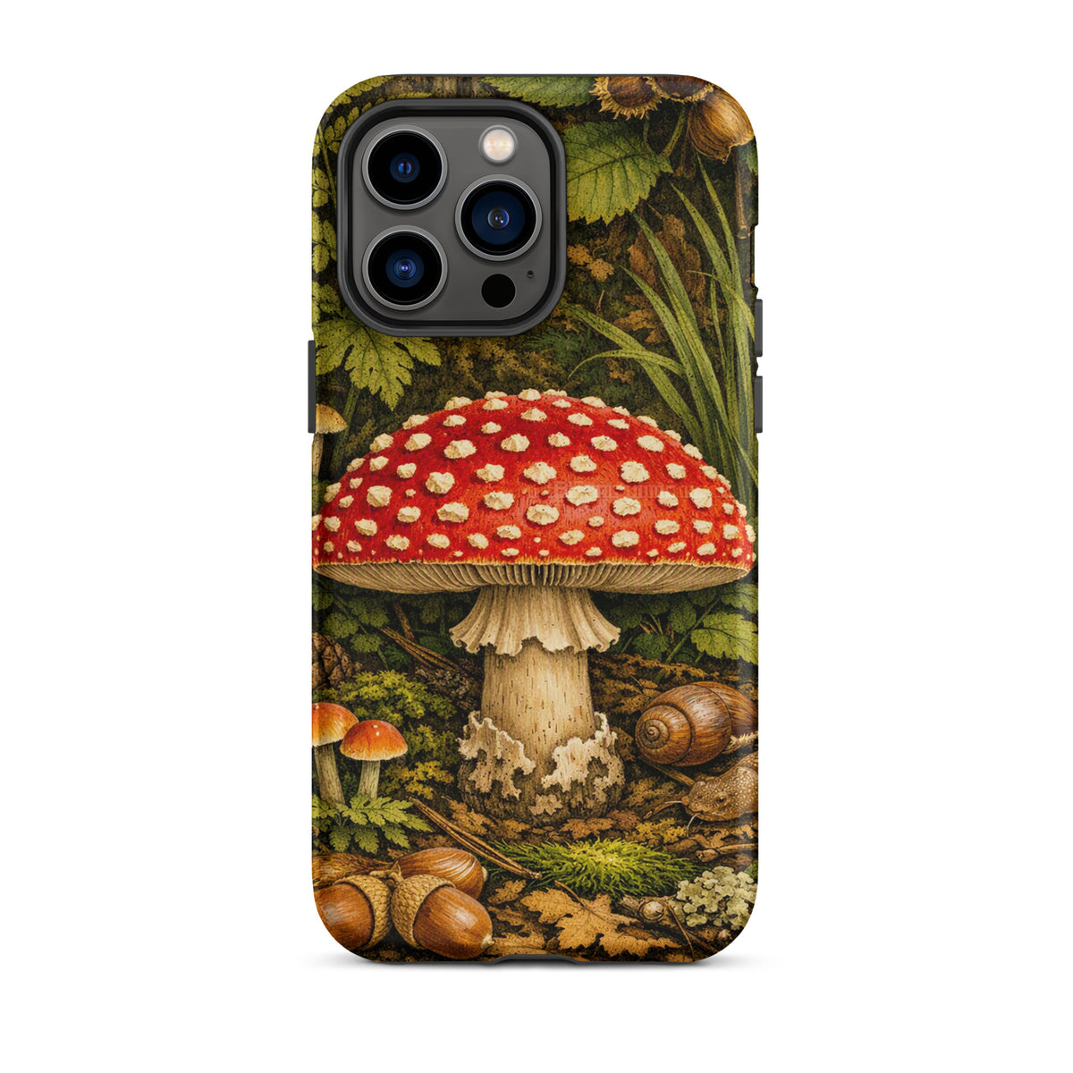 Phone Case for iPhone featuring Amanita muscaria mushroom in a lush forest, vivid red cap with white spots, nature-inspired design.