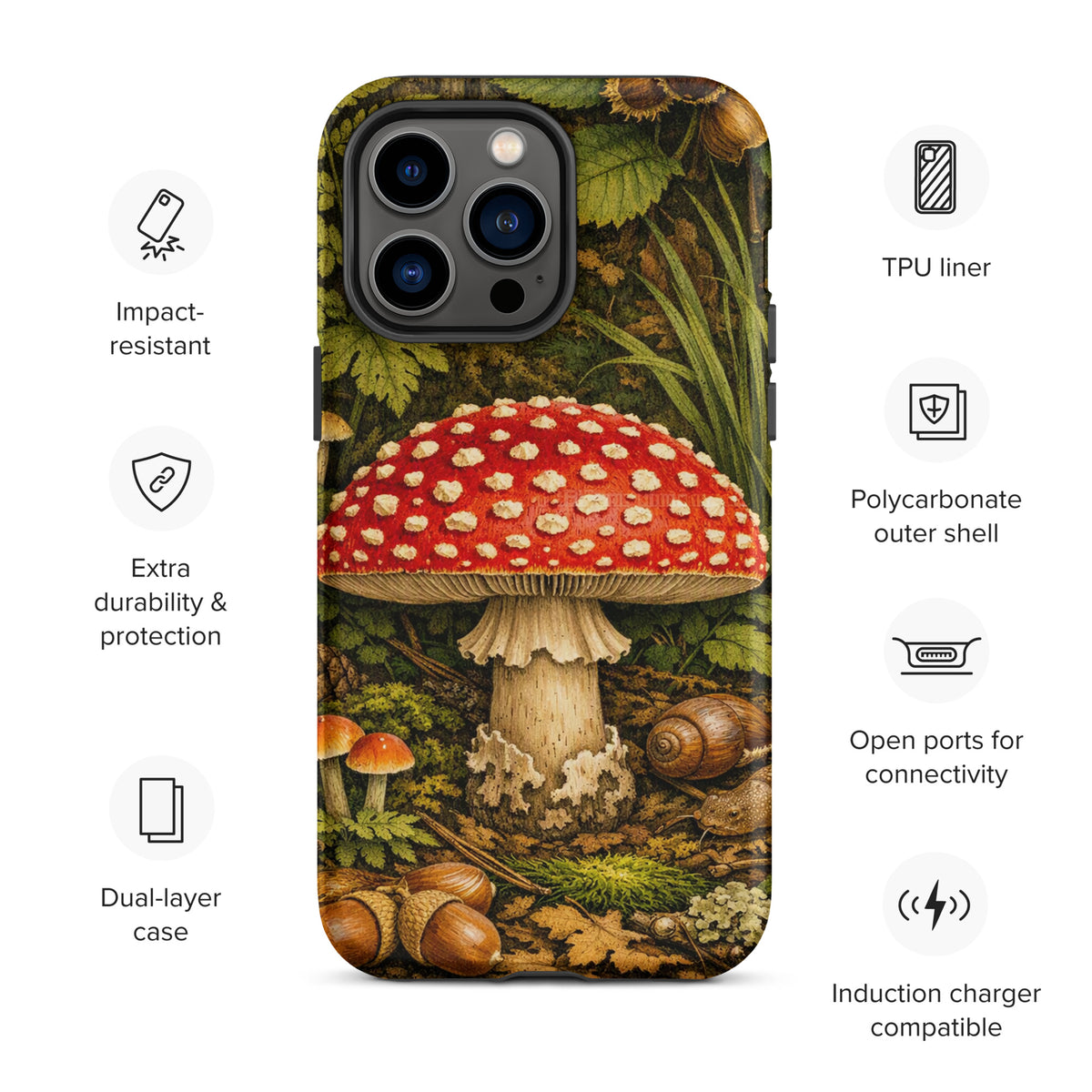 Phone Case for iPhone featuring vivid Amanita muscaria mushroom design in a lush forest with dual-layer impact-resistant protection.