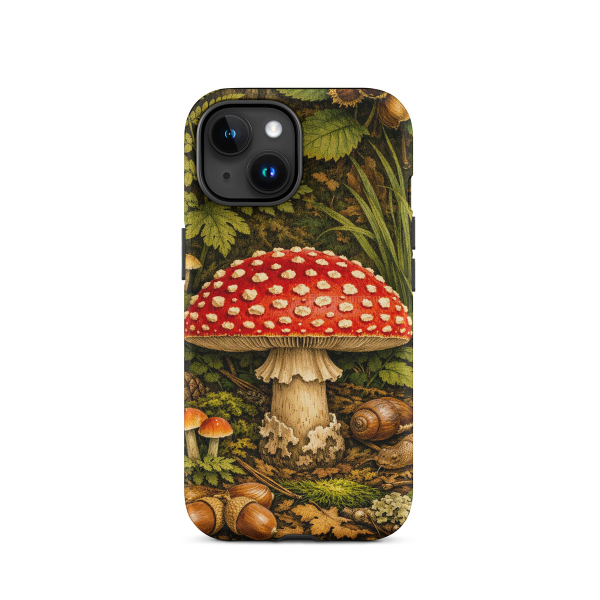 Phone Case with Amanita muscaria mushroom design in lush forest setting.