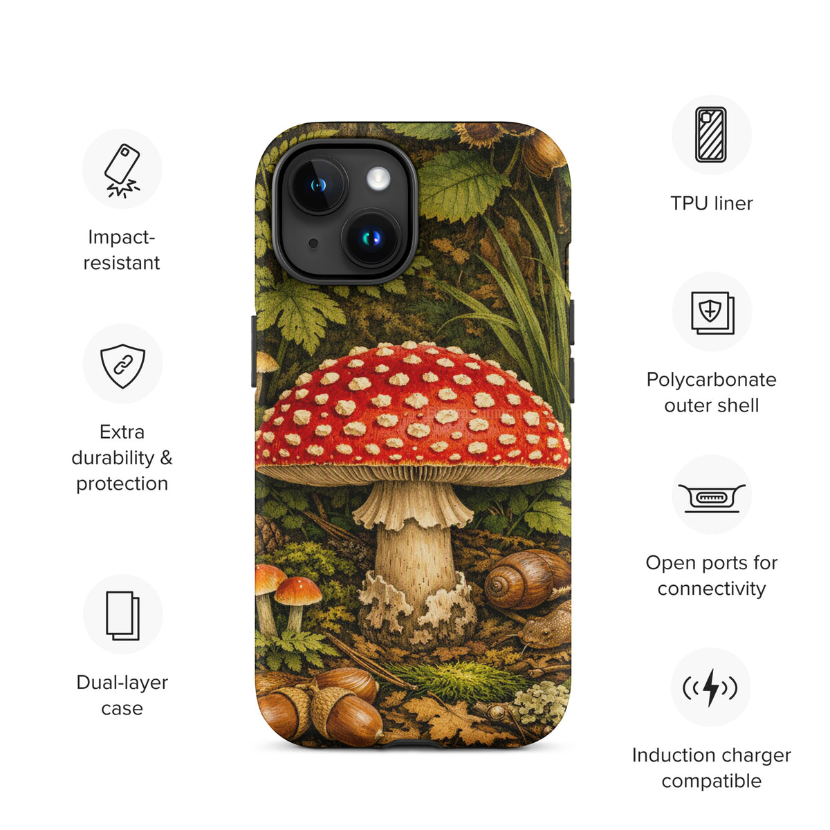 Phone Case for iPhone featuring Amanita muscaria mushroom design with impact-resistant TPU liner and dual-layer protection.