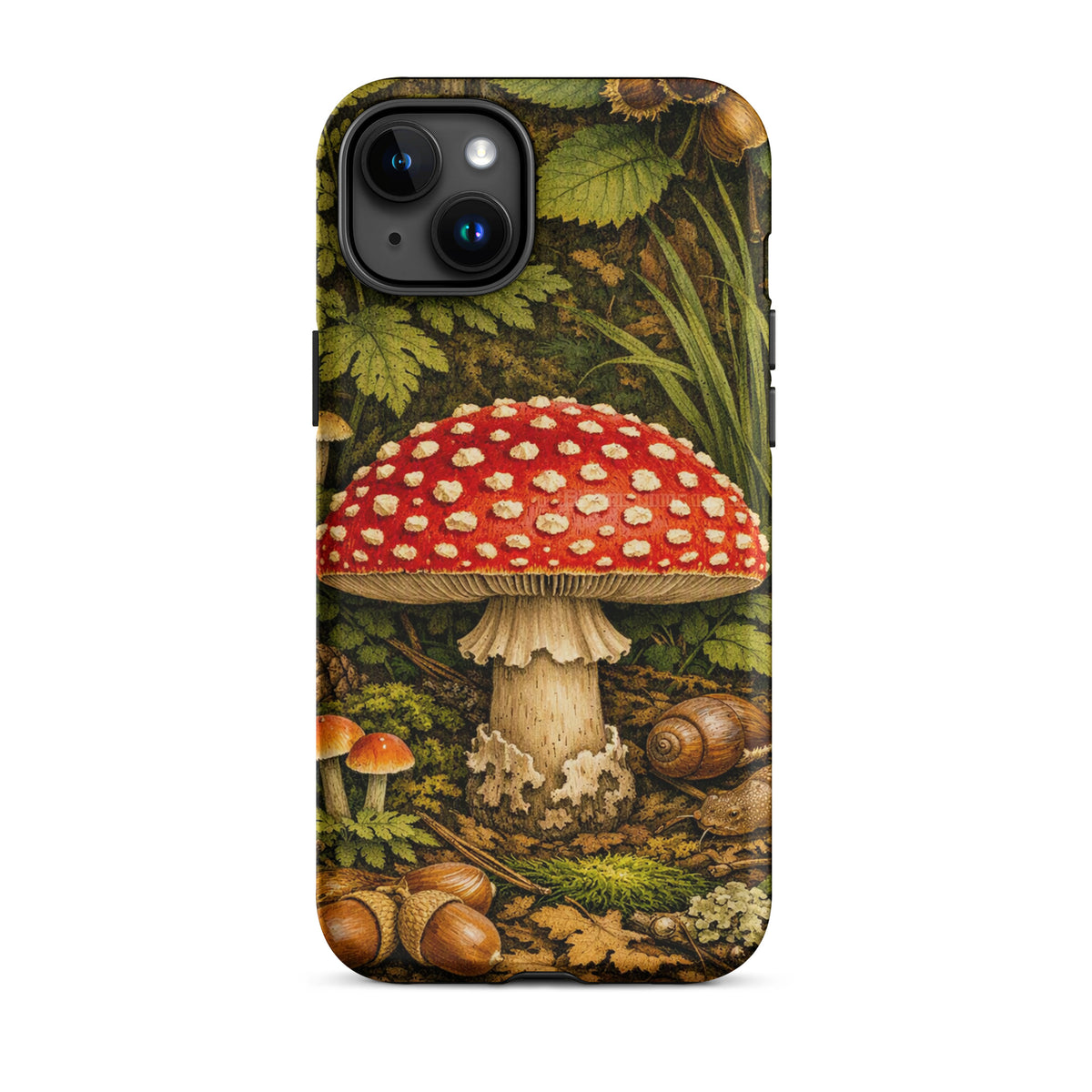 Phone Case for iPhone featuring Amanita muscaria mushroom with vivid design in lush forest setting.