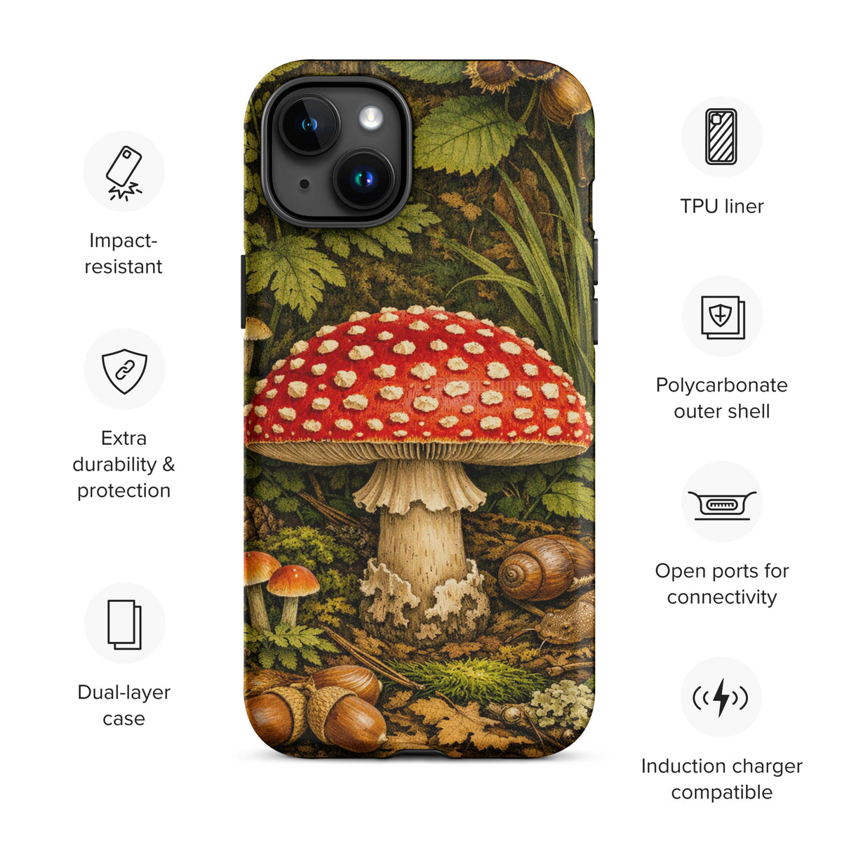 Phone Case with Amanita muscaria mushroom design for iPhone, featuring a lush forest background, durable polycarbonate shell.