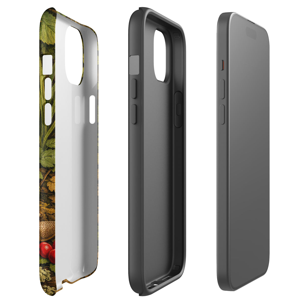 Side view of Phone Case for iPhone featuring Amanita muscaria mushroom in lush forest design, showcasing vibrant colors and precise details.