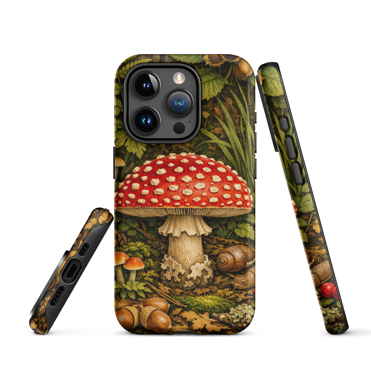 Phone Case for iPhone featuring Amanita muscaria mushroom design in forest, vivid colors and detailed illustration.