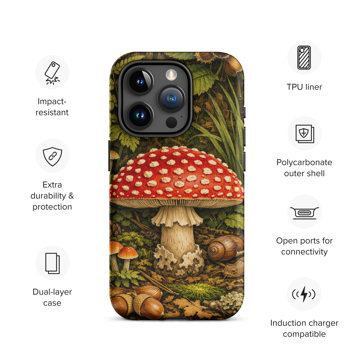 Phone Case with Amanita muscaria mushroom design featuring a lush forest backdrop, fits iPhone, impact-resistant and durable.