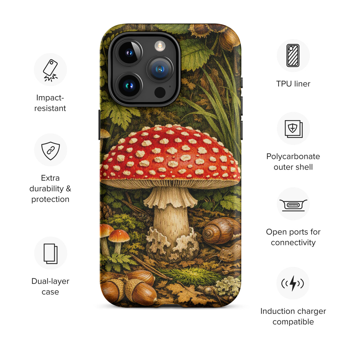 Phone Case for iPhone with Amanita muscaria mushroom design in a lush forest setting, impact-resistant, induction charger compatible
