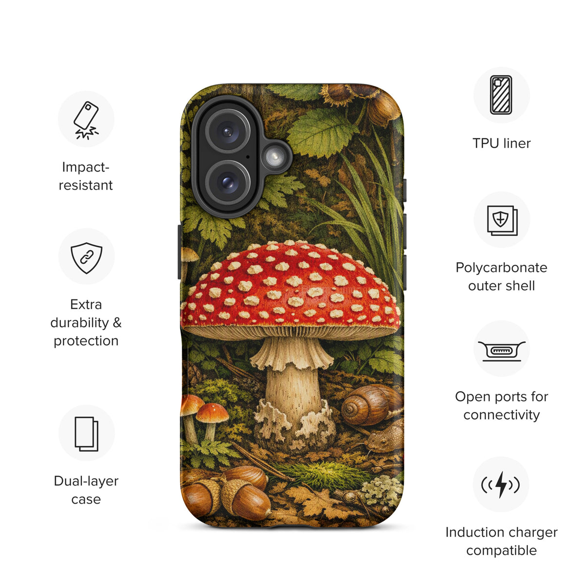 Phone Case with Amanita muscaria mushroom design for iPhone, featuring a lush forest background and durable protective features.