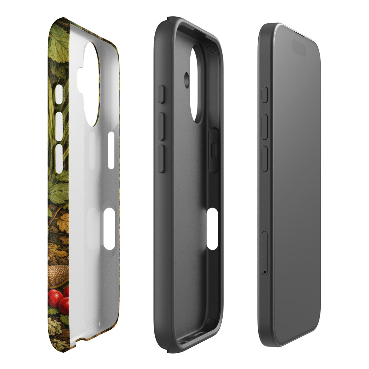 Phone Case for iPhone with Amanita Muscaria Mushroom design in a lush forest theme, three angles view