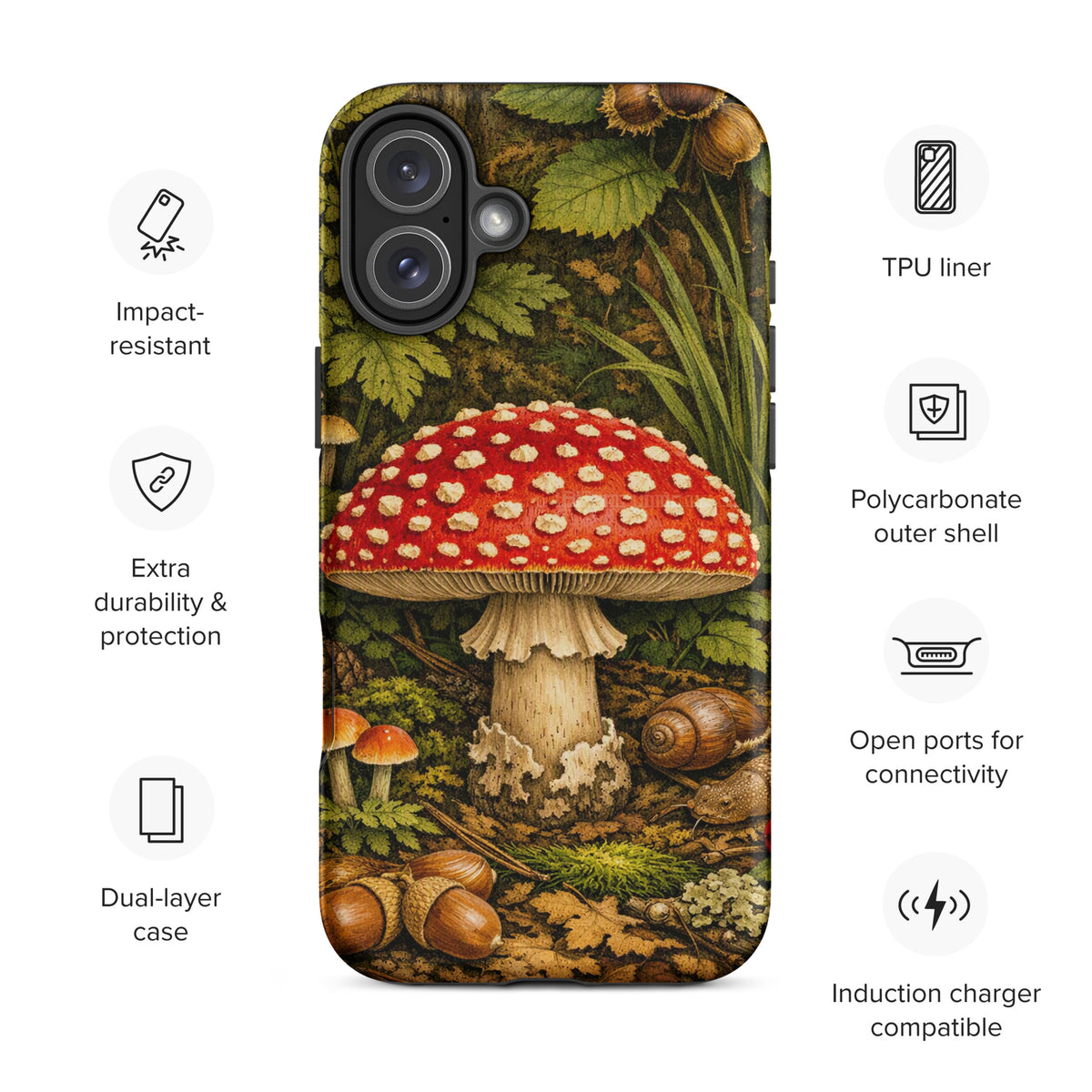 Phone Case for iPhone featuring Amanita muscaria mushroom design, impact-resistant, induction charger compatible, forest-themed accessory