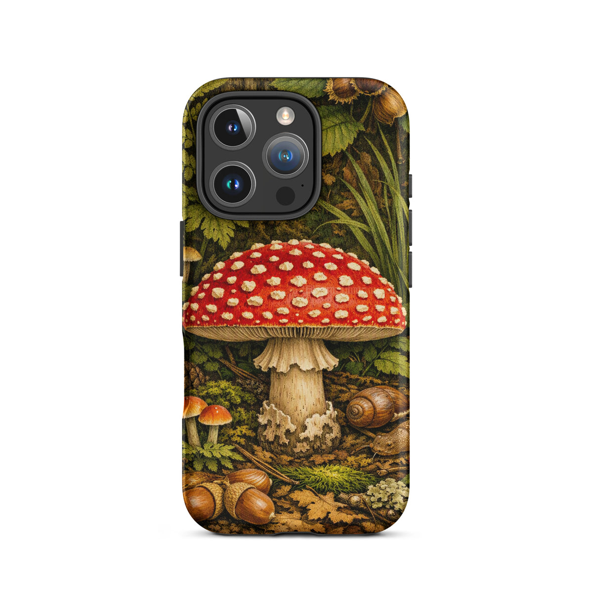 Phone Case featuring Amanita muscaria mushroom design in lush forest setting.