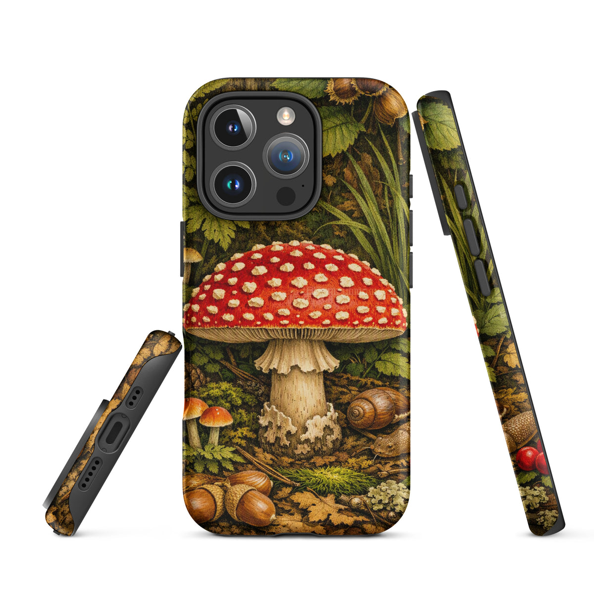 Phone Case featuring Amanita Muscaria mushroom design in lush forest setting, iPhone accessory