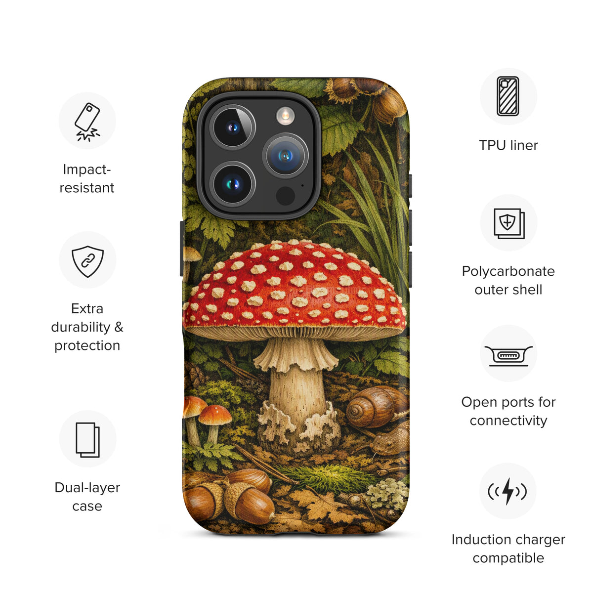 Phone Case with vivid Amanita muscaria mushroom design, featuring extra durability and anatomical accuracy against a lush forest backdrop.