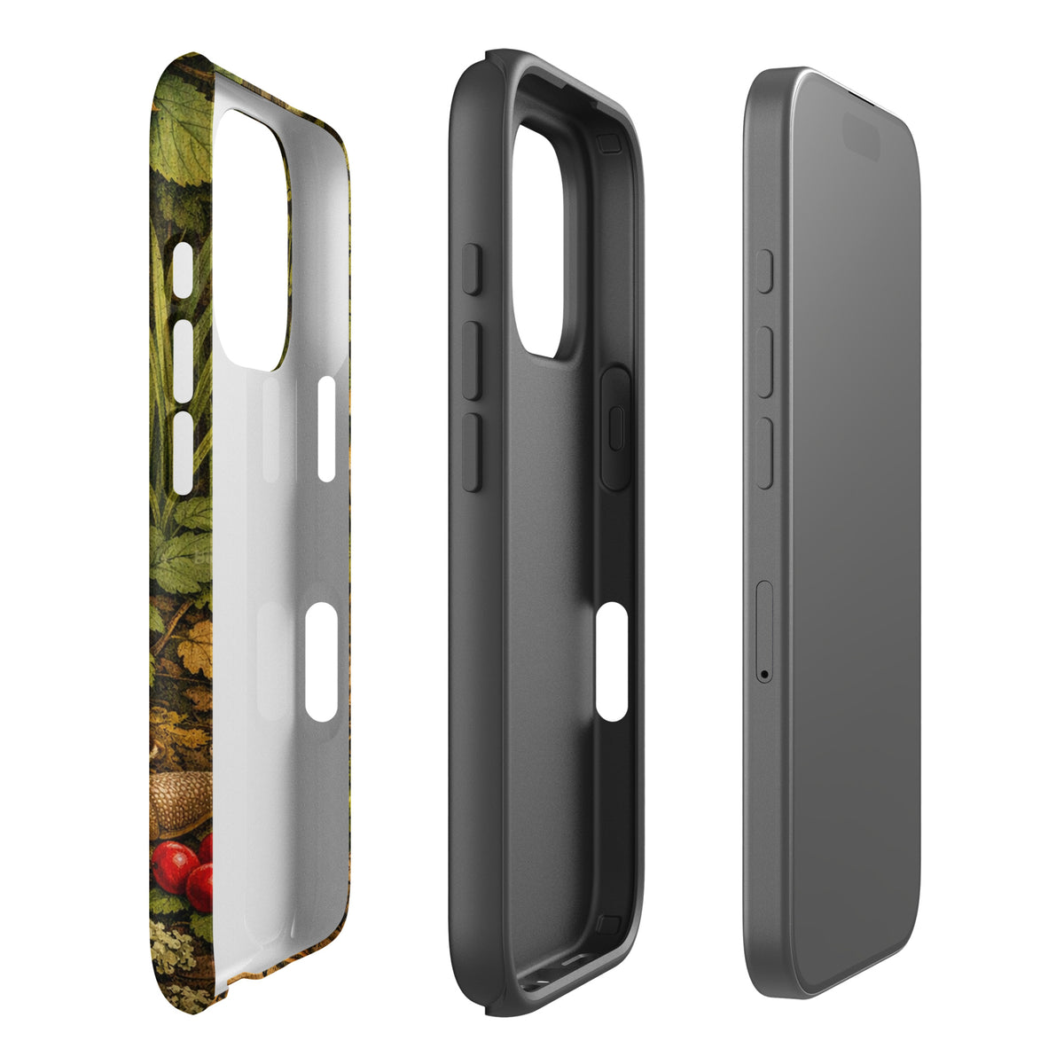 Phone Case for iPhone featuring Amanita Muscaria mushroom in lush forest design, showcasing anatomical accuracy and vivid colors.
