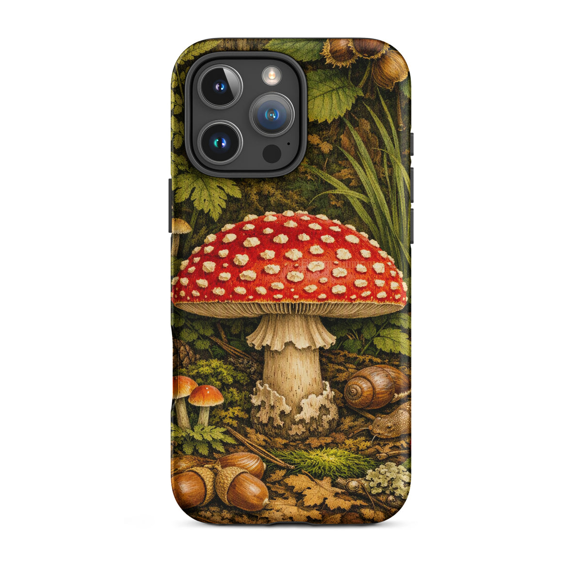 Phone Case with Amanita Muscaria Mushroom Design for iPhone in Lush Forest Setting