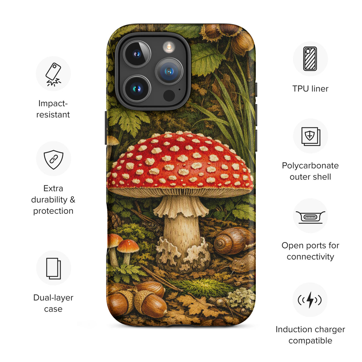 Phone Case featuring Amanita muscaria mushroom design, iPhone accessory with forest theme, impact-resistant and dual-layer protection.