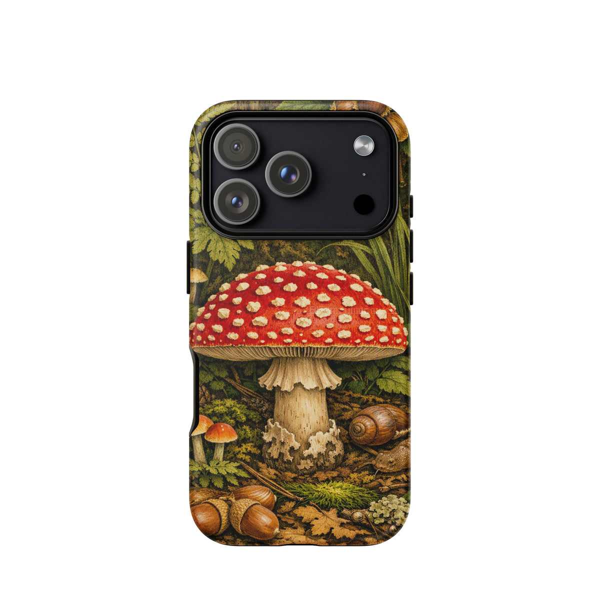Phone Case with Amanita muscaria mushroom design in lush forest illustration