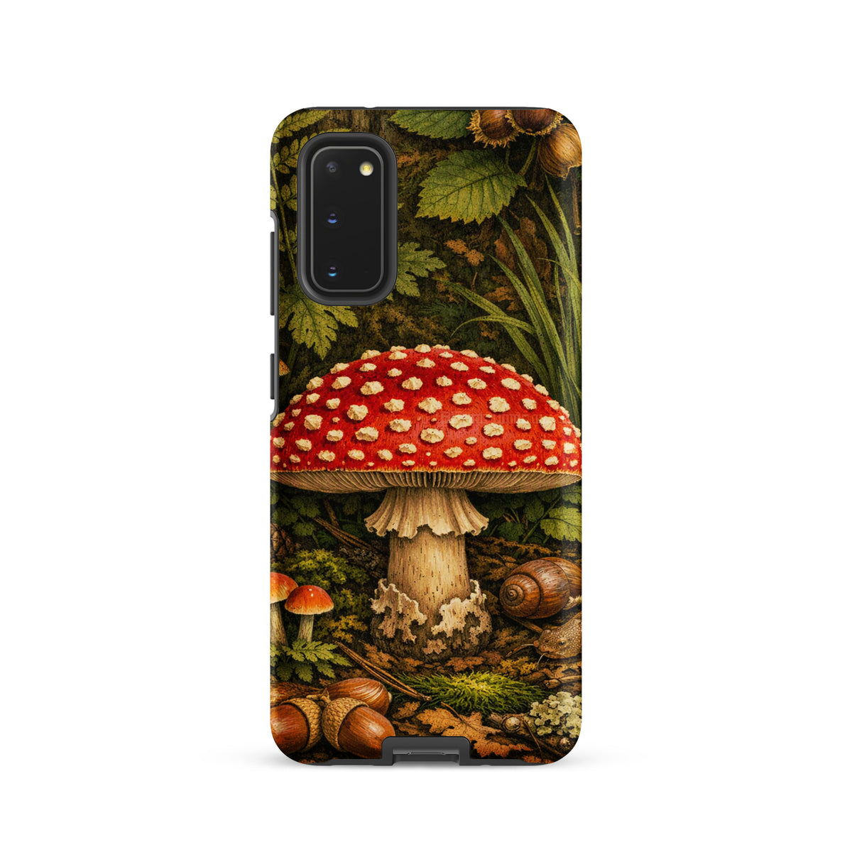 Phone Case for Samsung Galaxy with Amanita muscaria mushroom design in a forest setting.