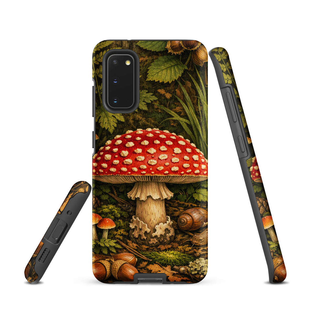 Phone Case for Samsung Galaxy with Amanita muscaria mushroom design, featuring a vivid red cap and detailed forest background.