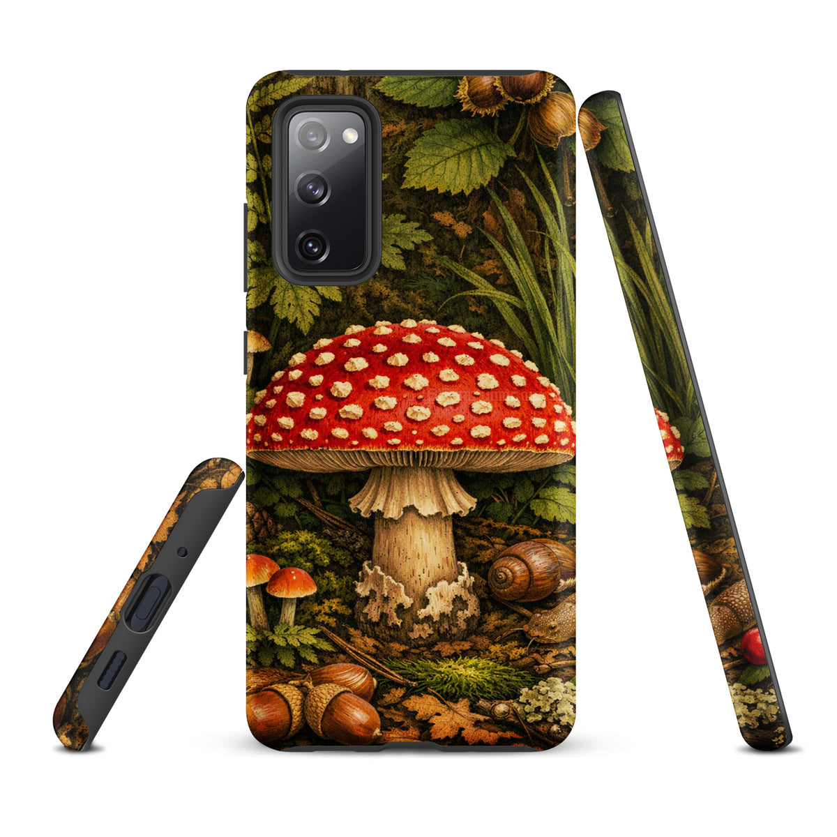 Phone Case for Samsung Galaxy with Amanita muscaria mushroom design, featuring a vibrant forest scene with red mushroom cap and white spots.