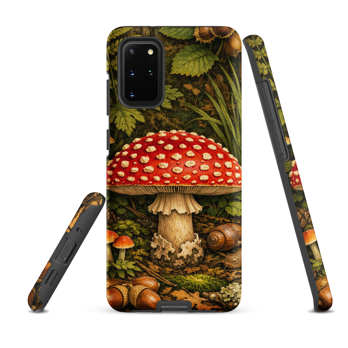 Phone Case for Samsung Galaxy with Amanita muscaria mushroom design, featuring red cap with white spots, forest background.