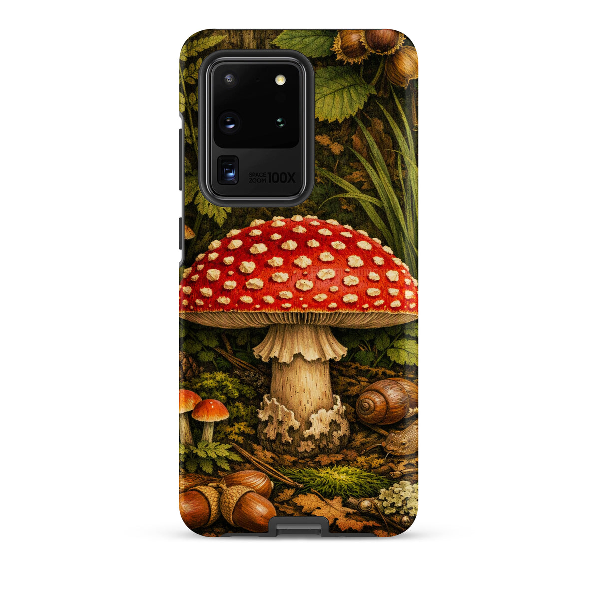 Phone Case for Samsung Galaxy with Amanita muscaria mushroom design, showcasing vibrant scarlet cap and forest theme.