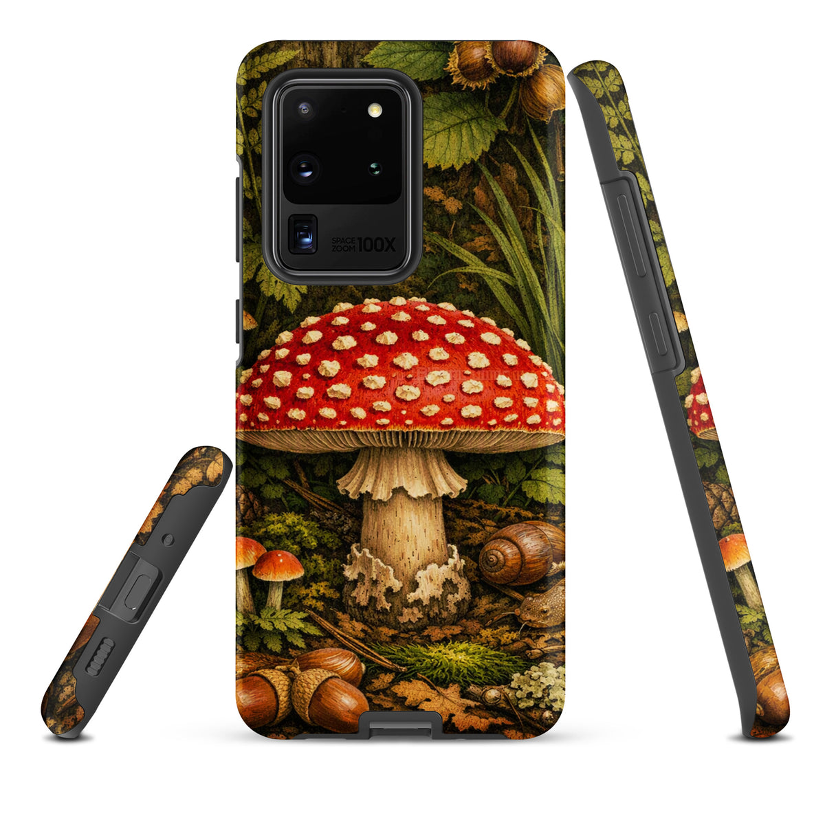 Phone Case for Samsung Galaxy featuring Amanita muscaria mushroom design with red cap and white spots, forest-themed aesthetic