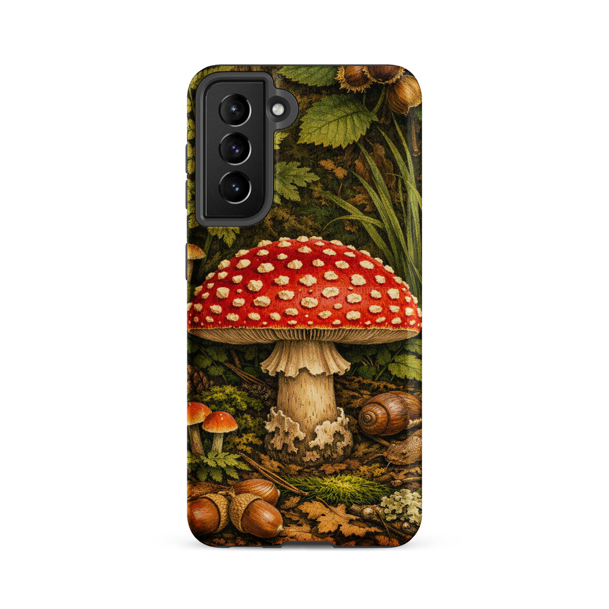 Phone Case for Samsung Galaxy featuring Amanita Muscaria mushroom design with a vivid scarlet cap and white spots in a forest setting.