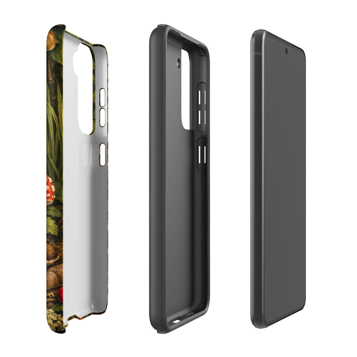 Phone Case for Samsung Galaxy with Amanita Muscaria Mushroom design, side and front view.