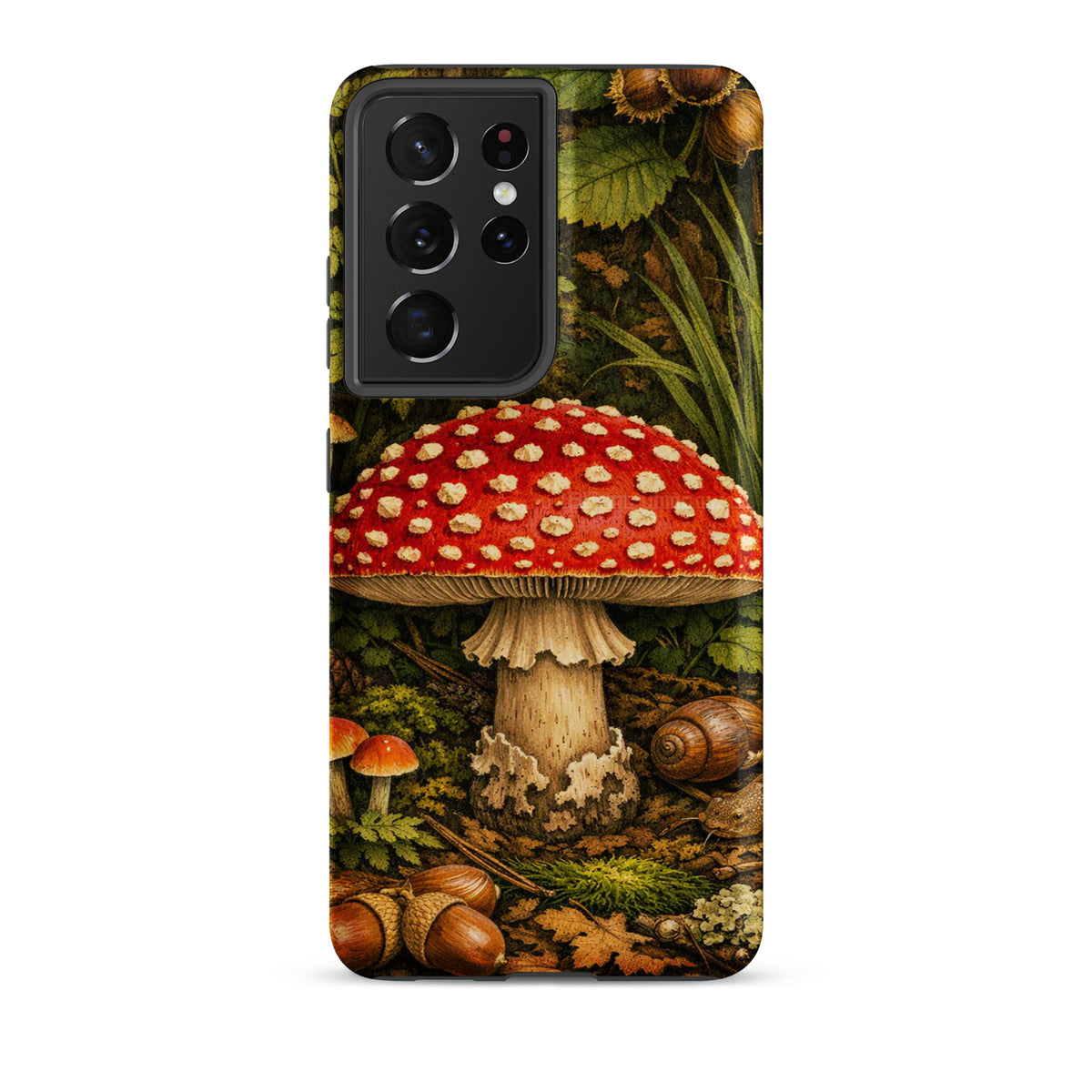 Phone Case for Samsung Galaxy with Amanita Muscaria Mushroom illustration, featuring a vivid red cap with white spots.