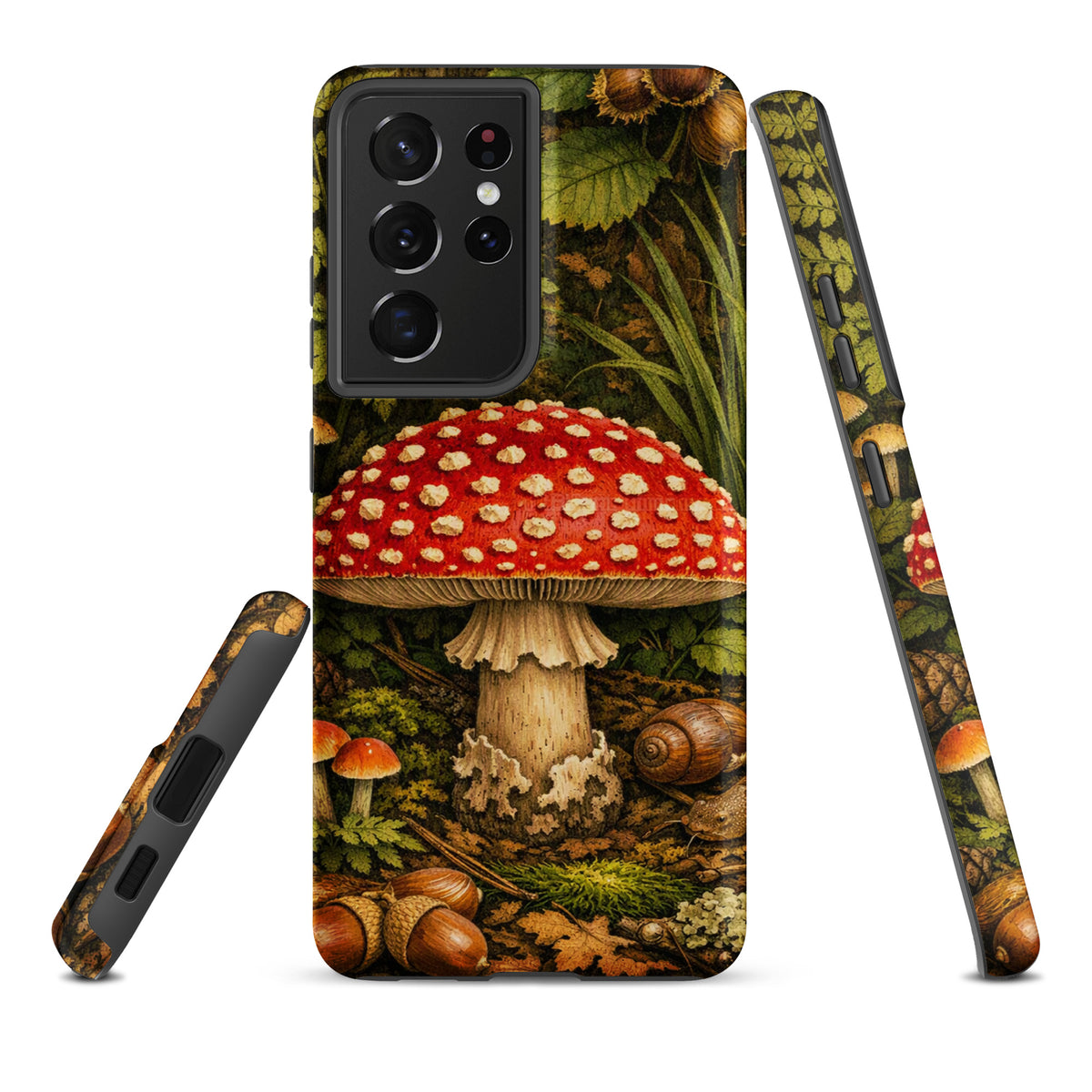Phone Case for Samsung Galaxy featuring an Amanita muscaria mushroom design with red cap and white spots.