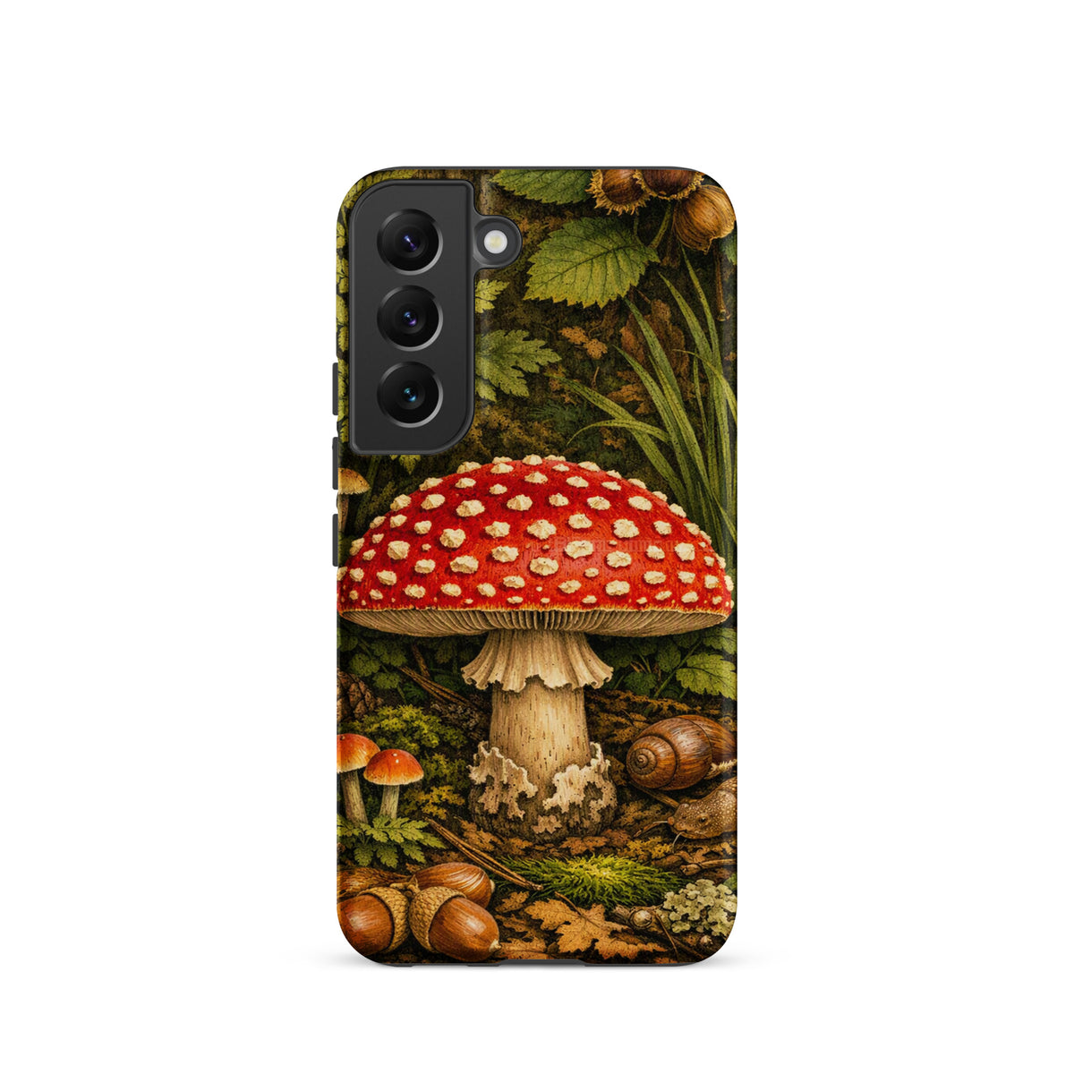 Phone Case featuring Amanita muscaria mushroom design for Samsung Galaxy, showcasing red cap with white spots and forest scenery.