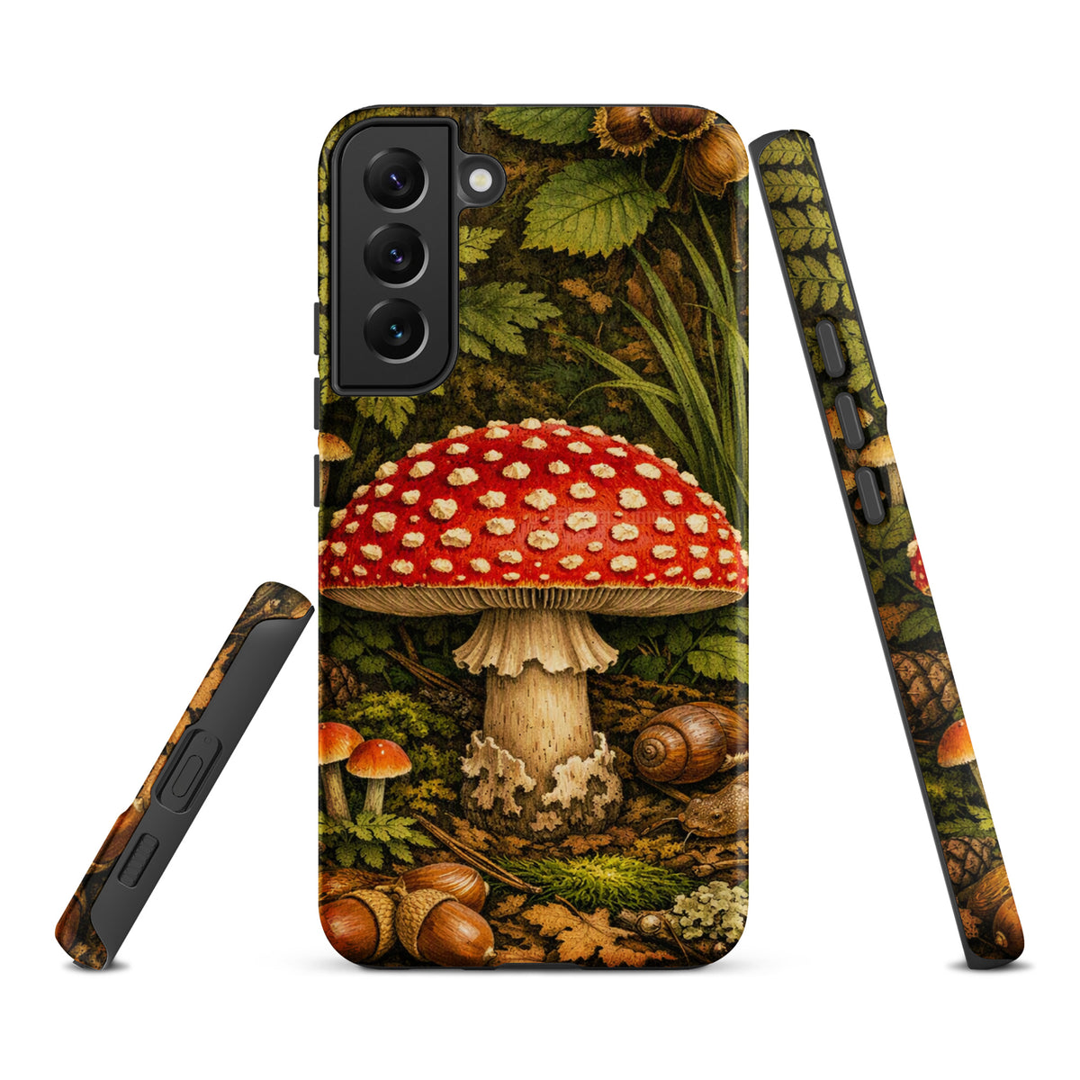 Phone Case for Samsung Galaxy featuring a vivid illustrated Amanita muscaria mushroom with red cap and white spots in forest scenery