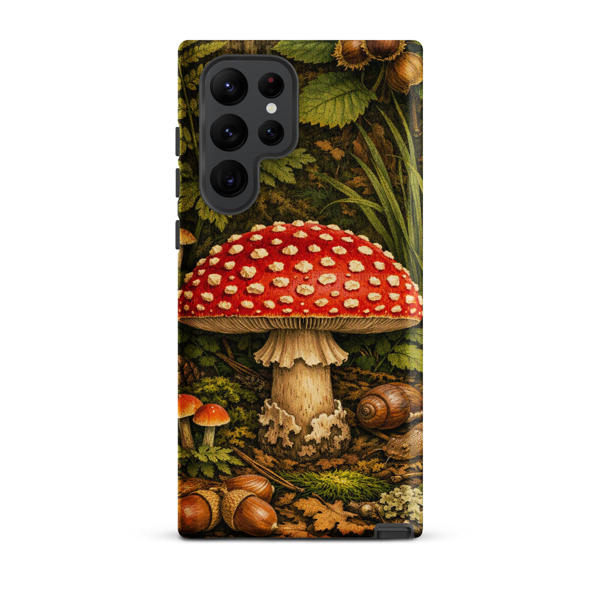 Phone Case for Samsung Galaxy featuring Amanita muscaria mushroom design, with vibrant red cap and nature background.