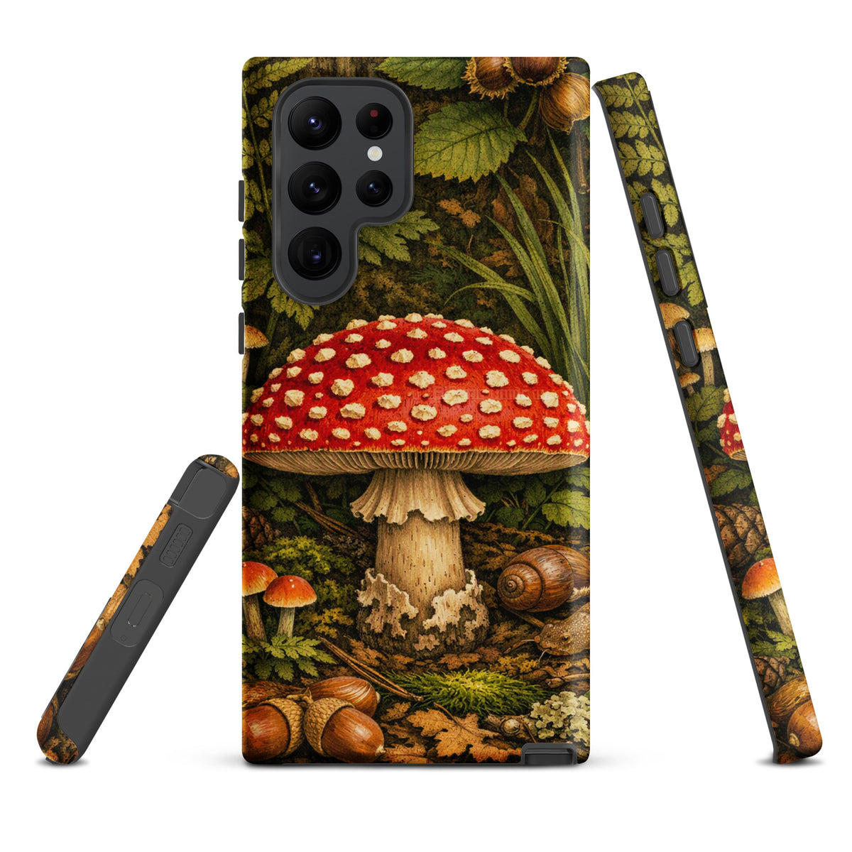 Phone Case featuring an illustrated Amanita muscaria mushroom for Samsung Galaxy with forest design and vibrant colors.