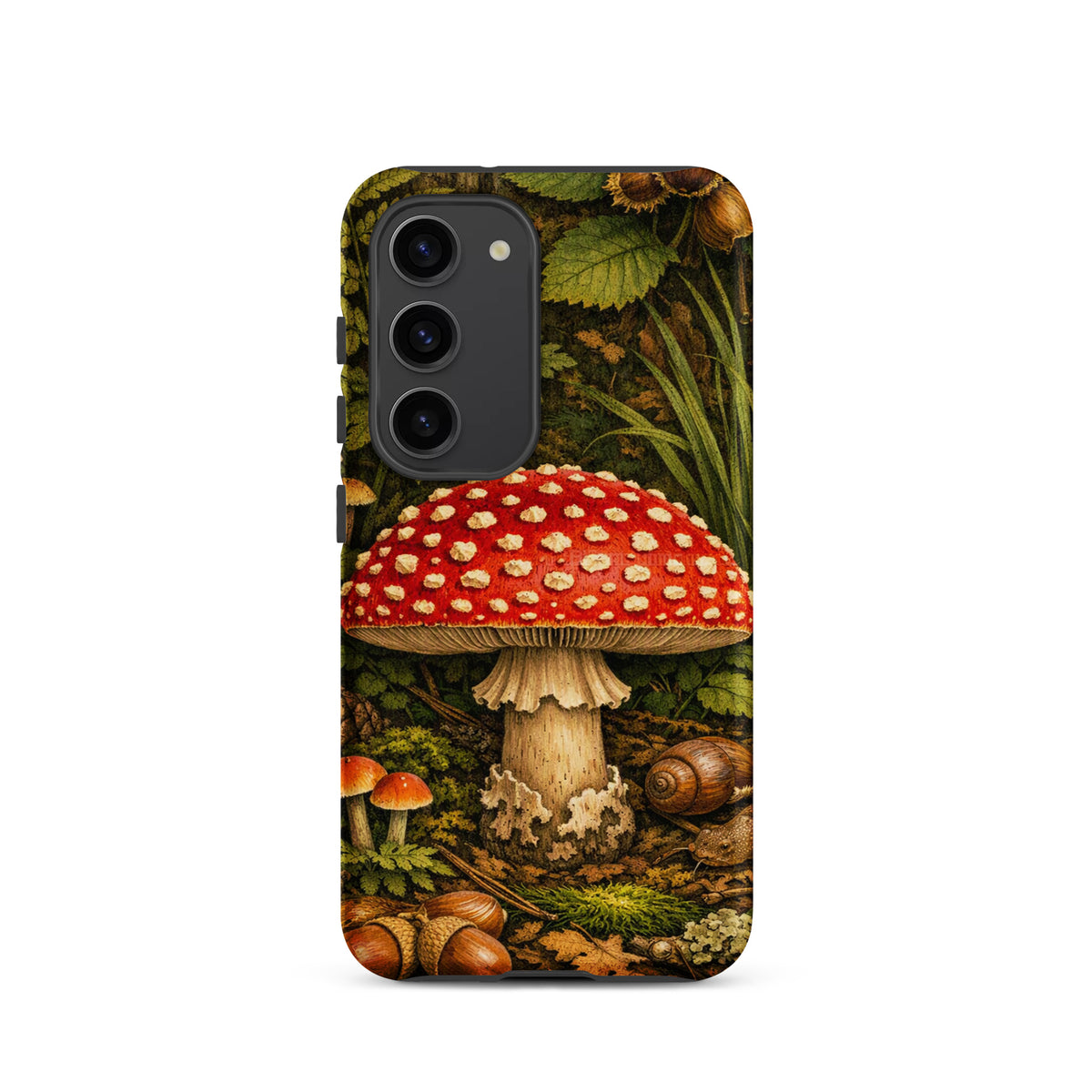 Phone Case for Samsung Galaxy featuring Amanita muscaria mushroom design with vivid red and white details, forest-themed illustration.