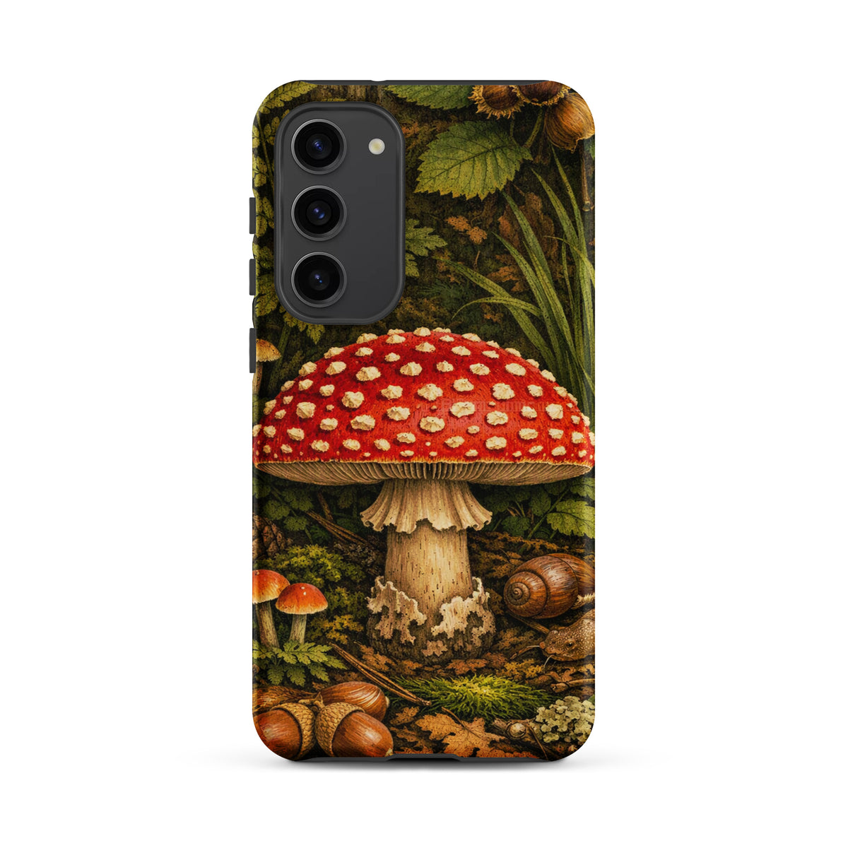 Phone Case for Samsung Galaxy featuring Amanita muscaria mushroom design in vivid detail with scarlet cap and forest background.