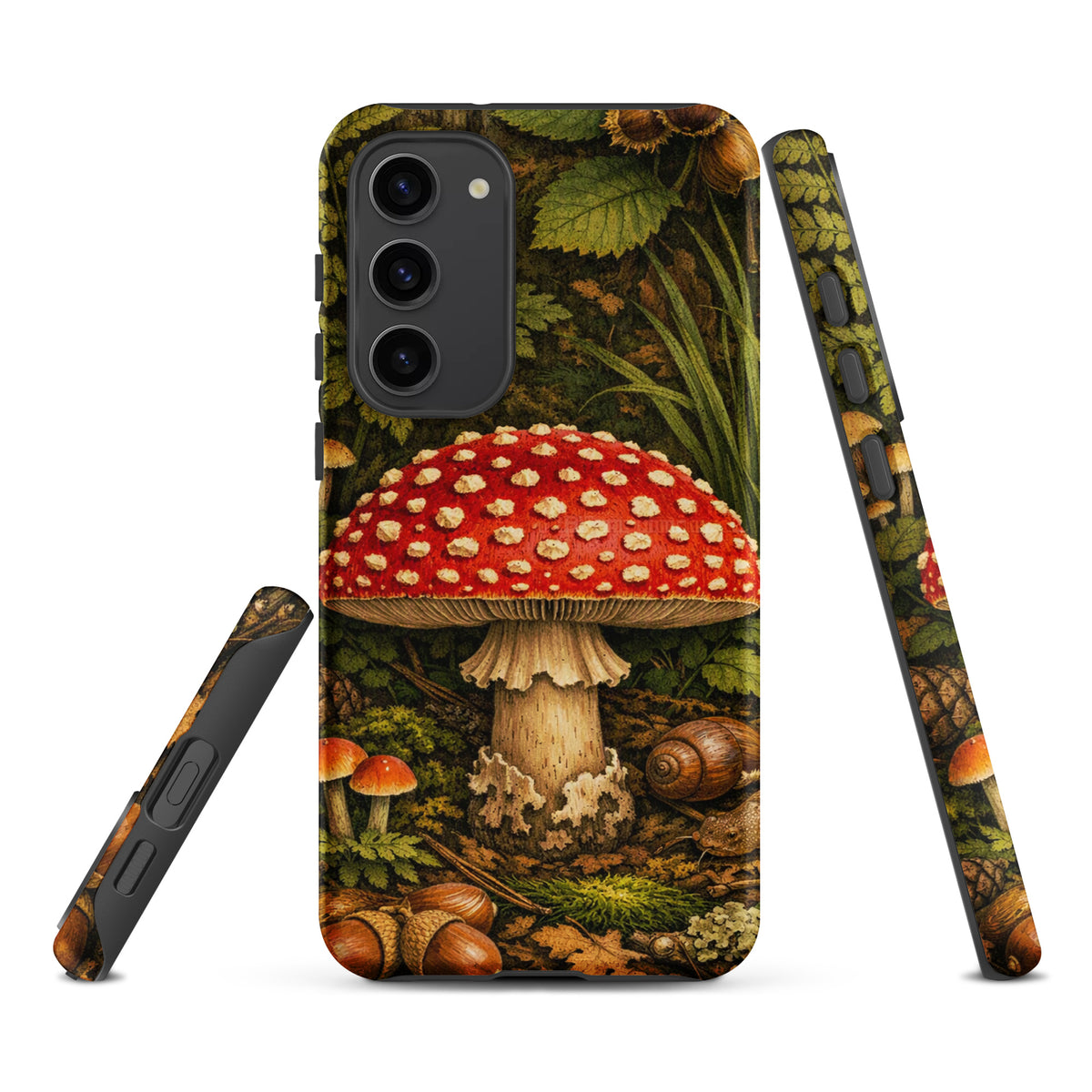 Phone Case for Samsung Galaxy showcasing Amanita muscaria mushroom with scarlet cap and white spots, forest-inspired design.