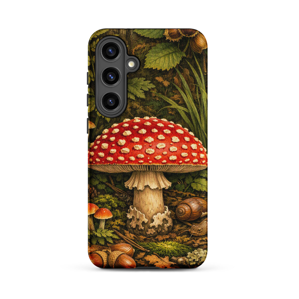 Phone Case for Samsung Galaxy featuring Amanita muscaria mushroom design with vibrant red cap and white spots.