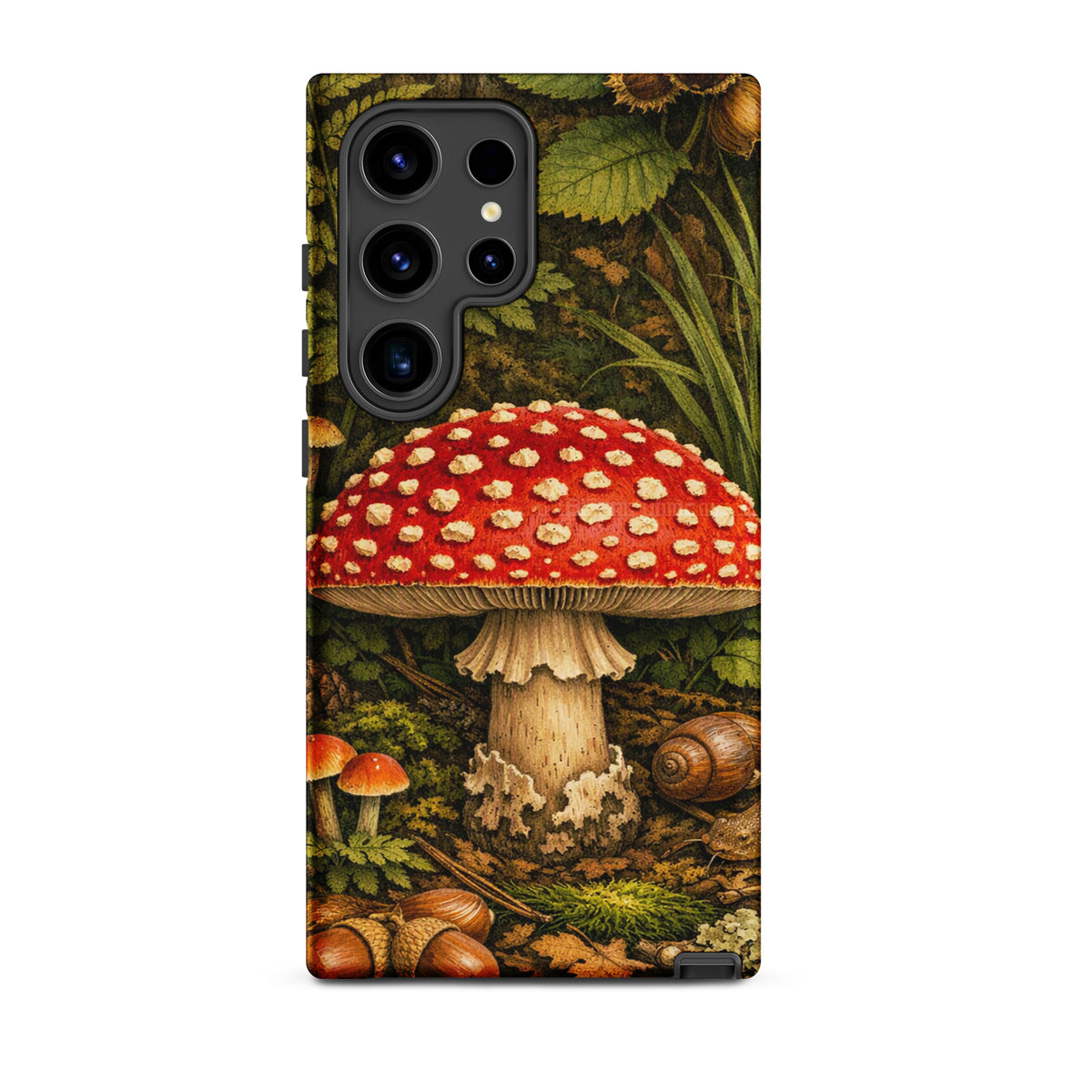 Phone Case for Samsung Galaxy with Amanita Muscaria mushroom design in forest setting.