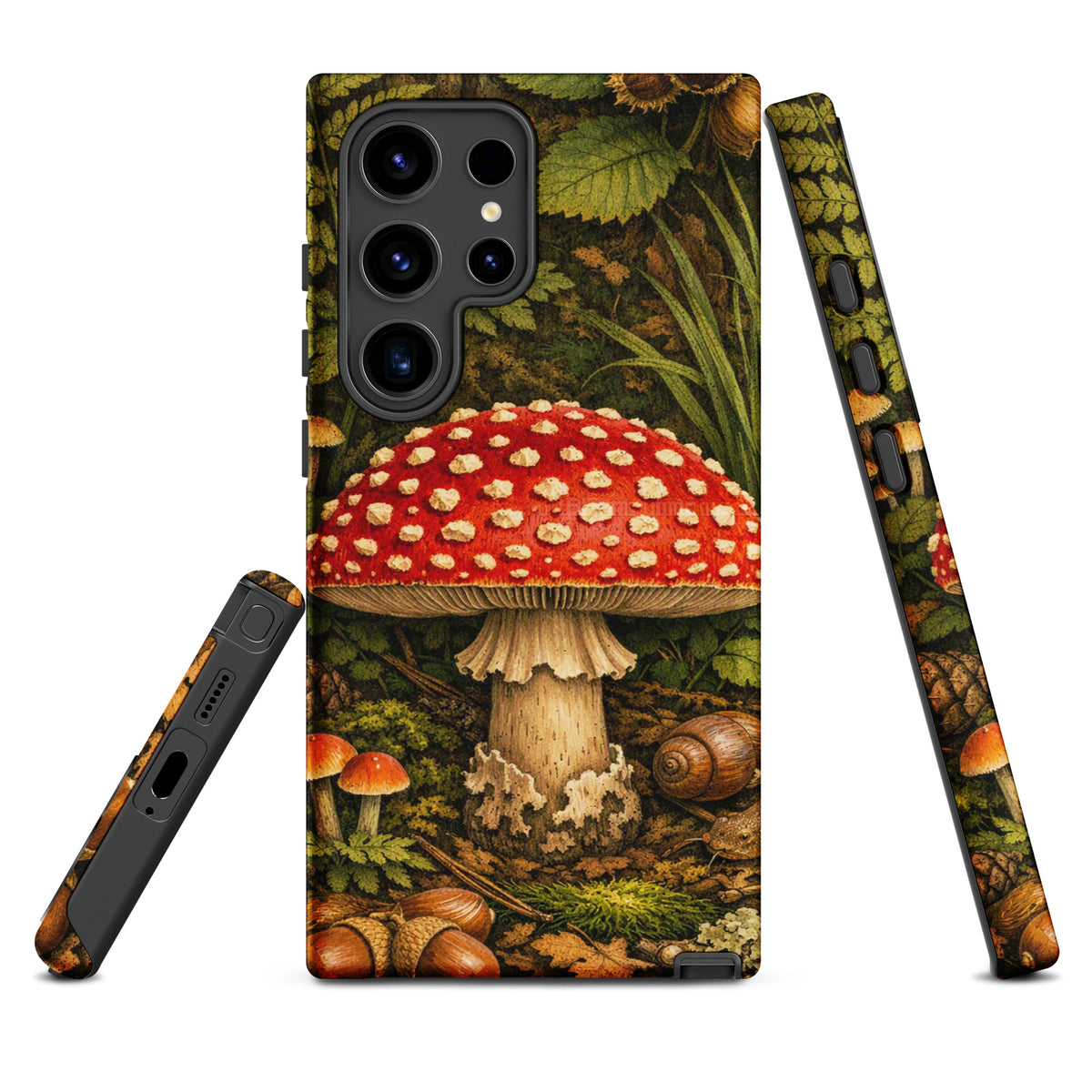 Phone Case for Samsung Galaxy with Amanita Muscaria mushroom design, featuring detailed red cap and white spots, forest background.