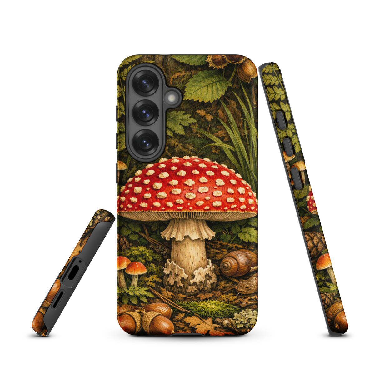 Phone Case for Samsung Galaxy featuring Amanita muscaria mushroom illustration, vivid red and white design; forest-inspired art case.
