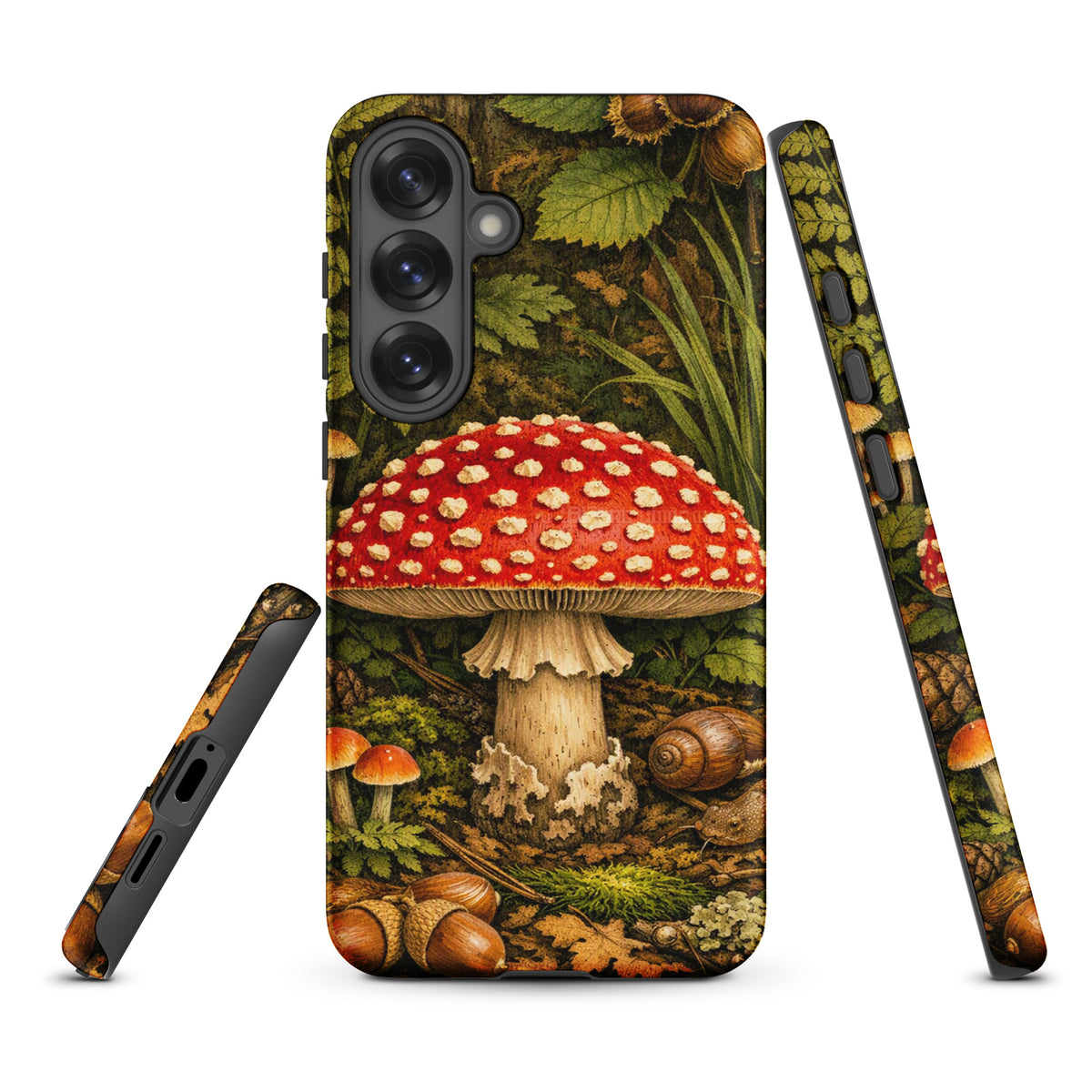 Phone Case for Samsung Galaxy featuring Amanita muscaria mushroom design with red cap and forest backdrop.