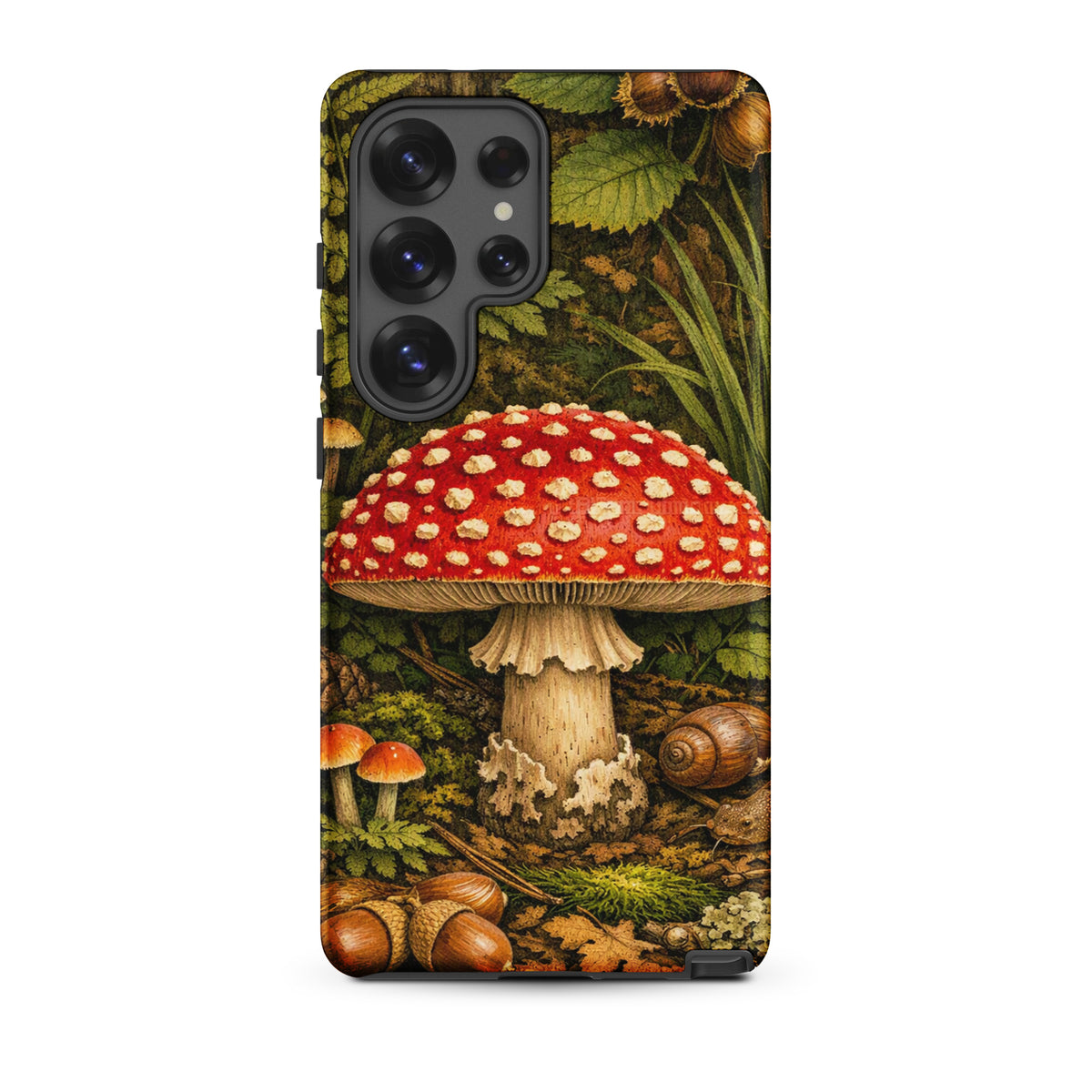 Phone Case for Samsung Galaxy with Amanita muscaria mushroom design, featuring vivid red cap with white spots, forest background.