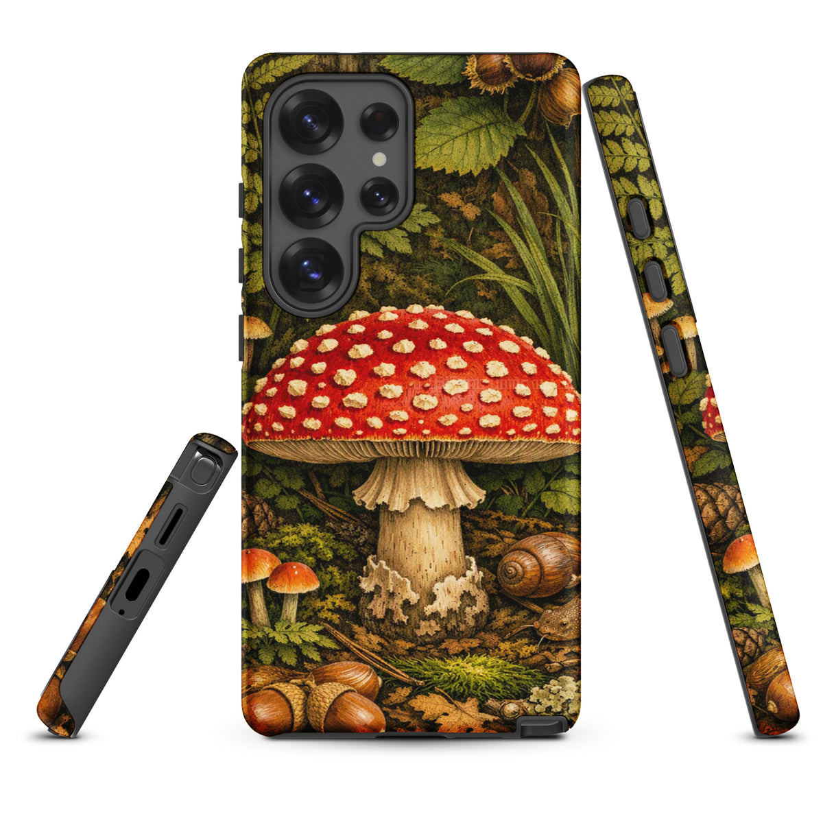 Phone Case for Samsung Galaxy with Amanita muscaria mushroom design, showcasing red cap with white spots in a forest setting.