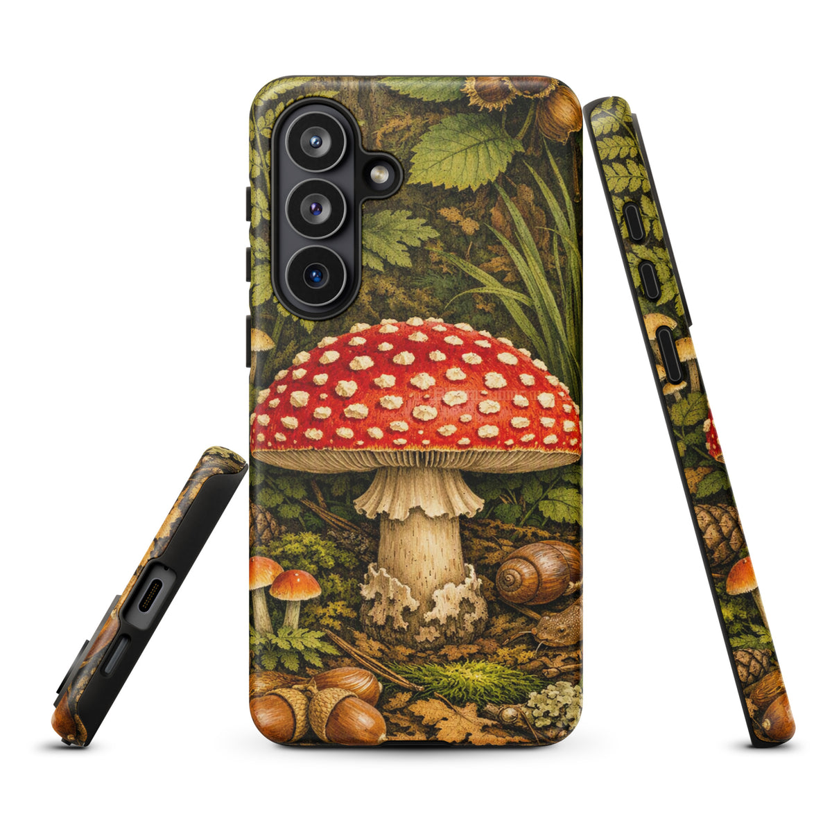 Phone Case for Samsung Galaxy featuring Amanita muscaria mushroom design with red cap and white spots, earthy forest background.