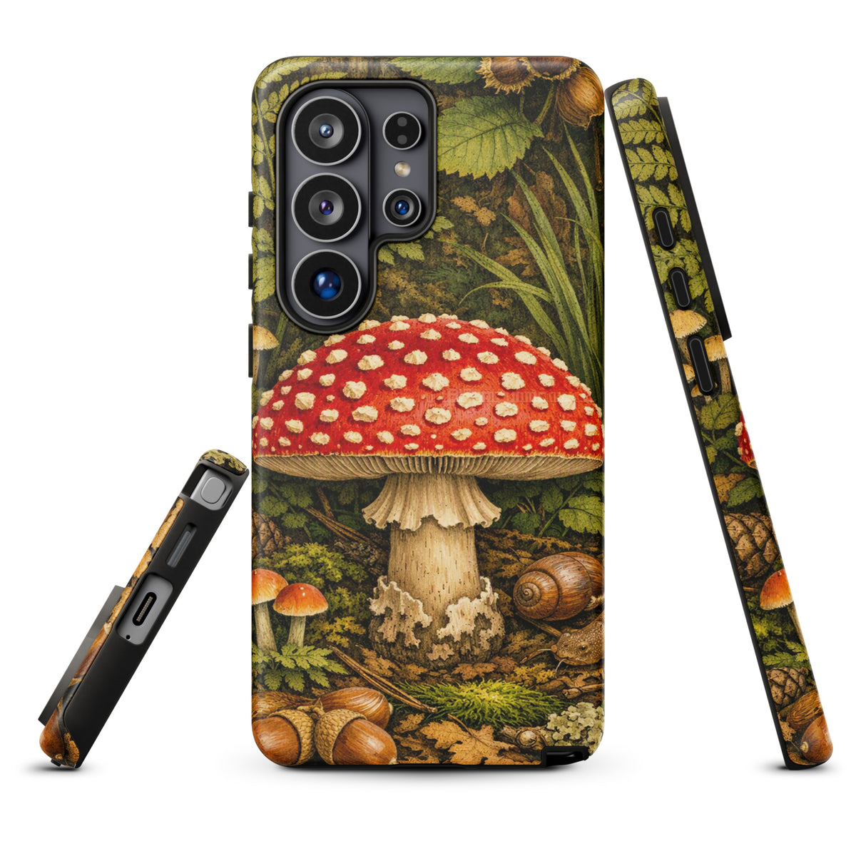 Phone Case featuring Amanita muscaria mushroom design for Samsung Galaxy with vivid scarlet cap and forest background.