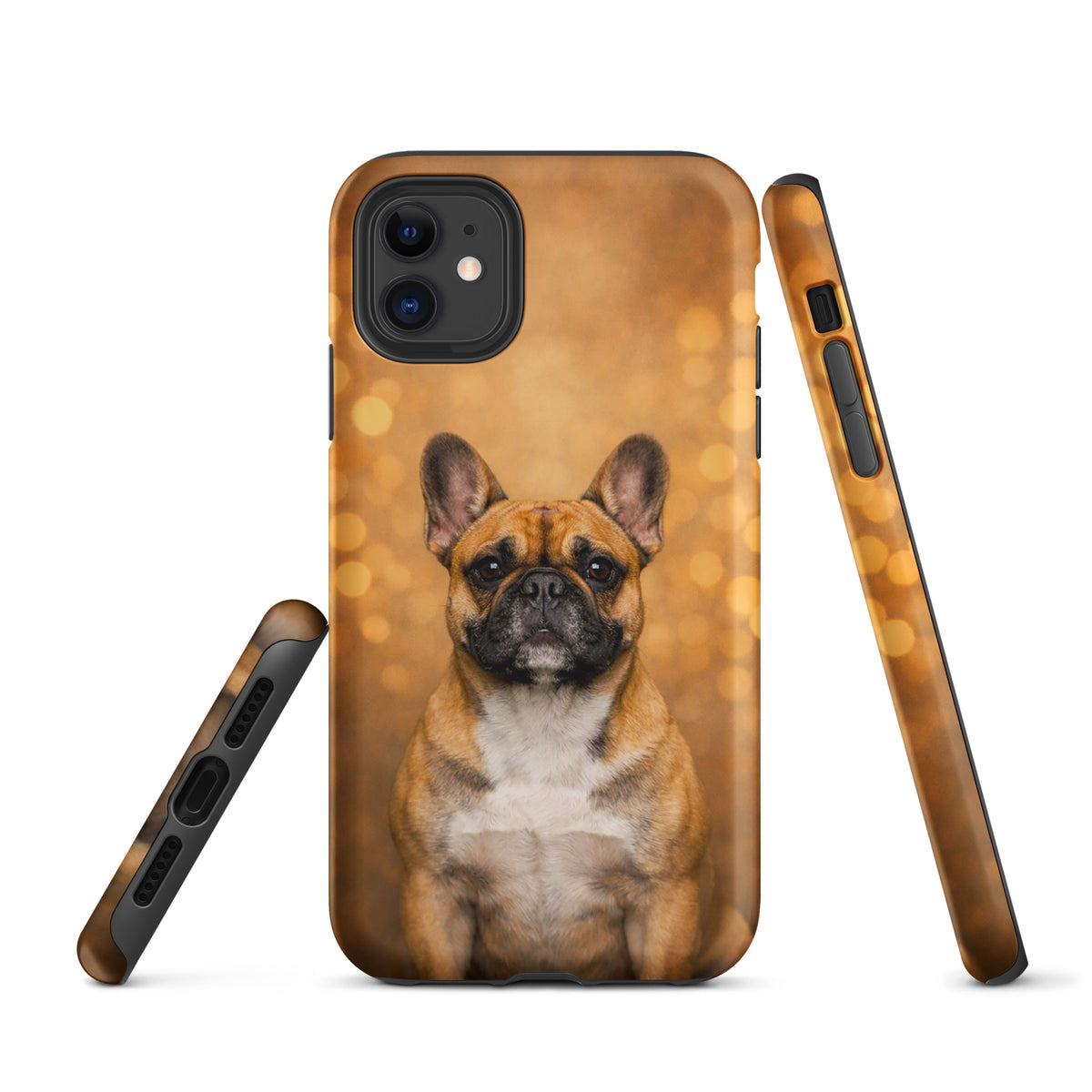 Phone Case for iPhone with French Bulldog portrait on golden bokeh background, Warm Glow Edition, perfect for dog lovers.
