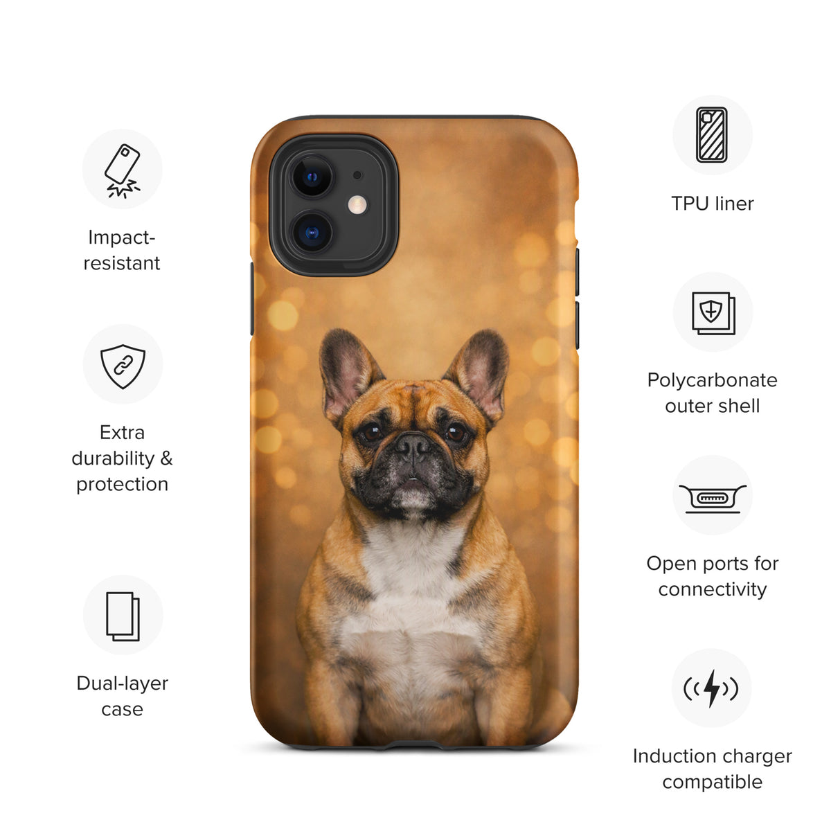 Phone Case for iPhone with French Bulldog Portrait in Warm Glow Edition, featuring durable polycarbonate shell and compatibility details.