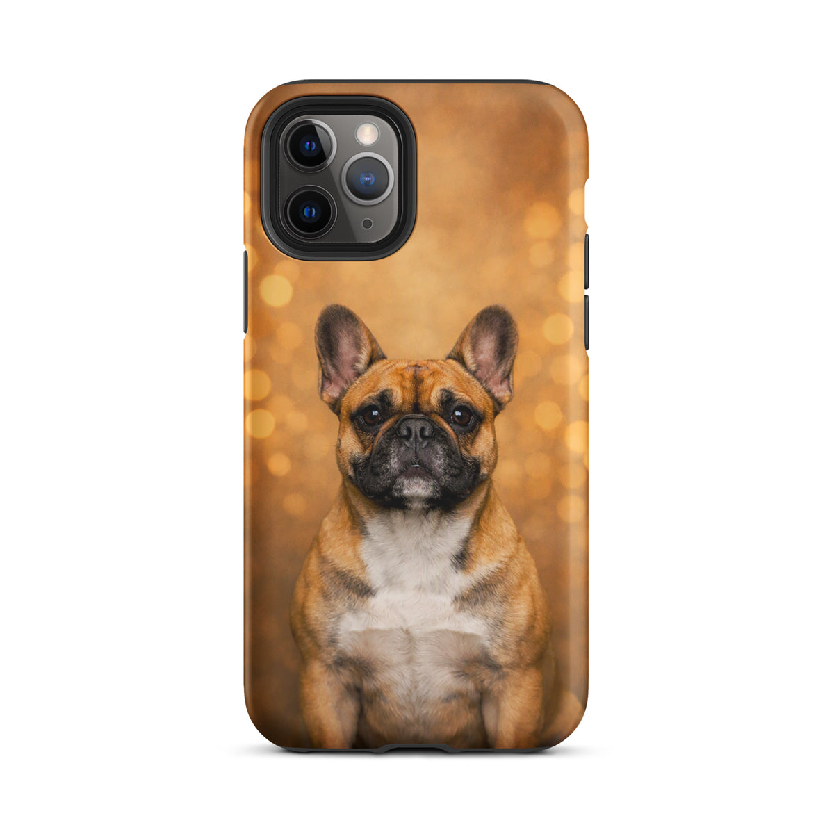 Phone Case featuring a French Bulldog portrait against a golden bokeh background, Warm Glow Edition, perfect for dog lovers and style.